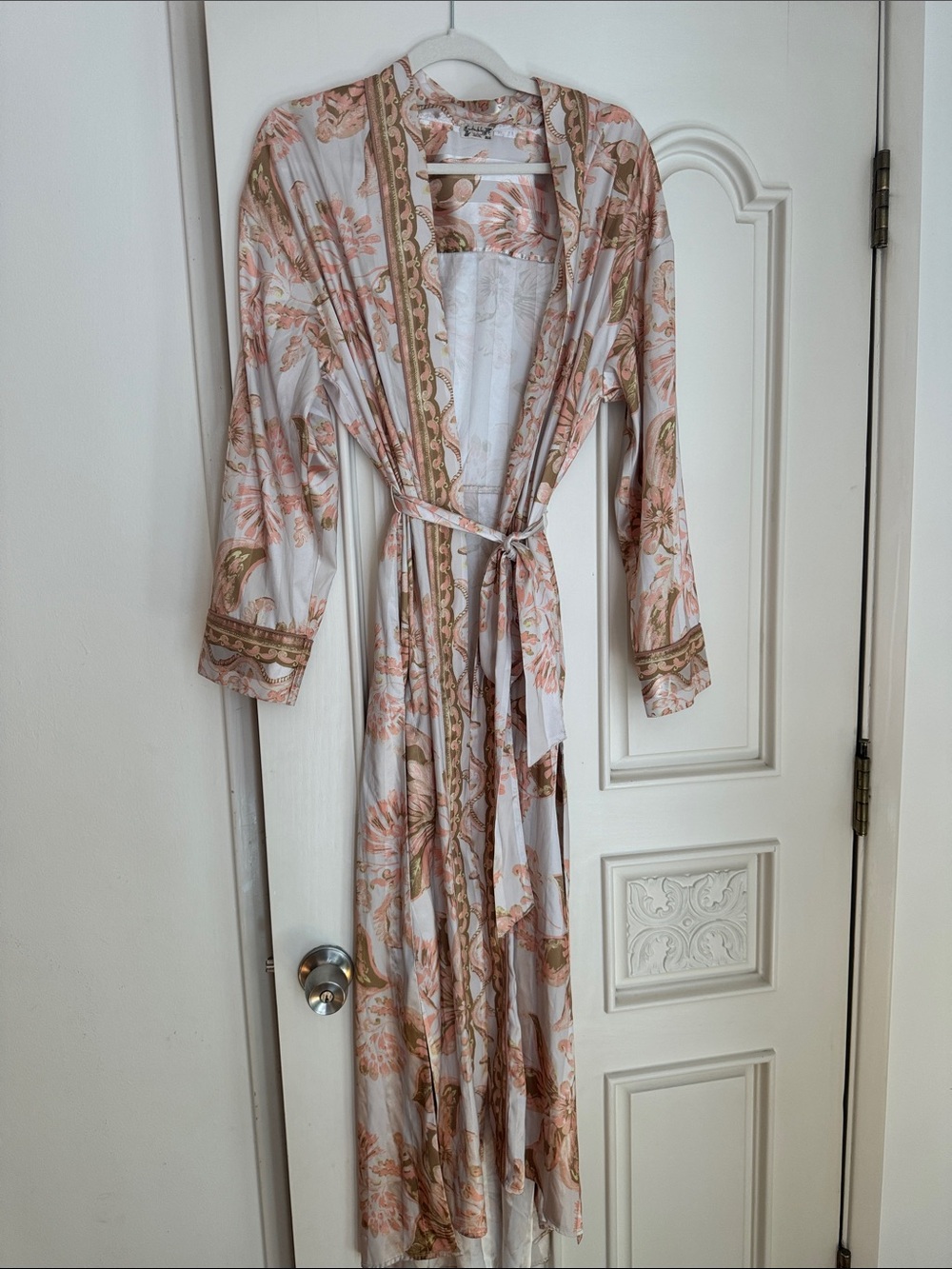 Free People Long Floral Tie-Waist Robe in Pink, Cream and Gold Accents